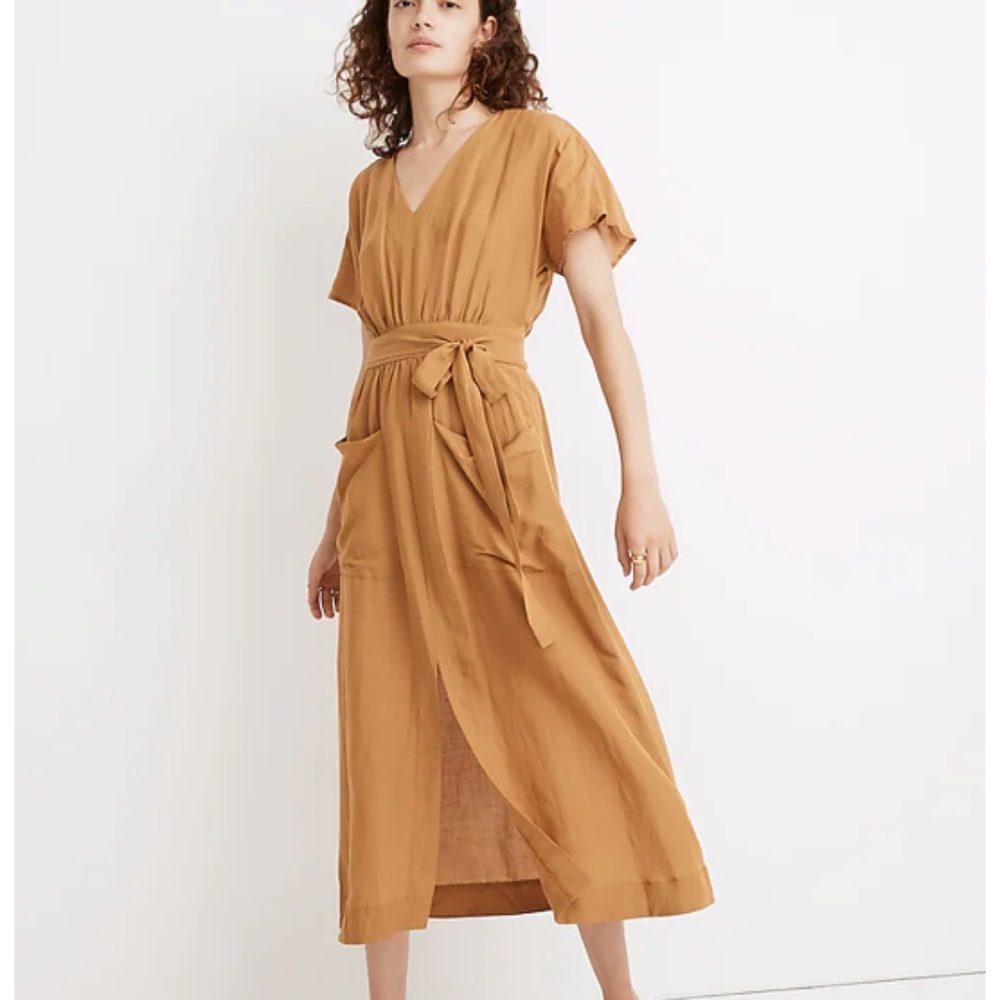 Madewell Linen-Blend Dolman-Sleeve Tie-Waist Midi Dress